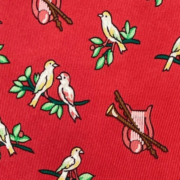 100% REAL HERMES TIE - RED w PINK LOVE BIRDS IN TREES GREEN...